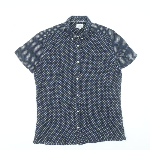 Next Men Blue Geometric Short Sleeve Button-Up Linen Cotton Shirt M