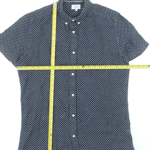 Next Men Blue Geometric Short Sleeve Button-Up Linen Cotton Shirt M