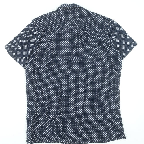 Next Men Blue Geometric Short Sleeve Button-Up Linen Cotton Shirt M
