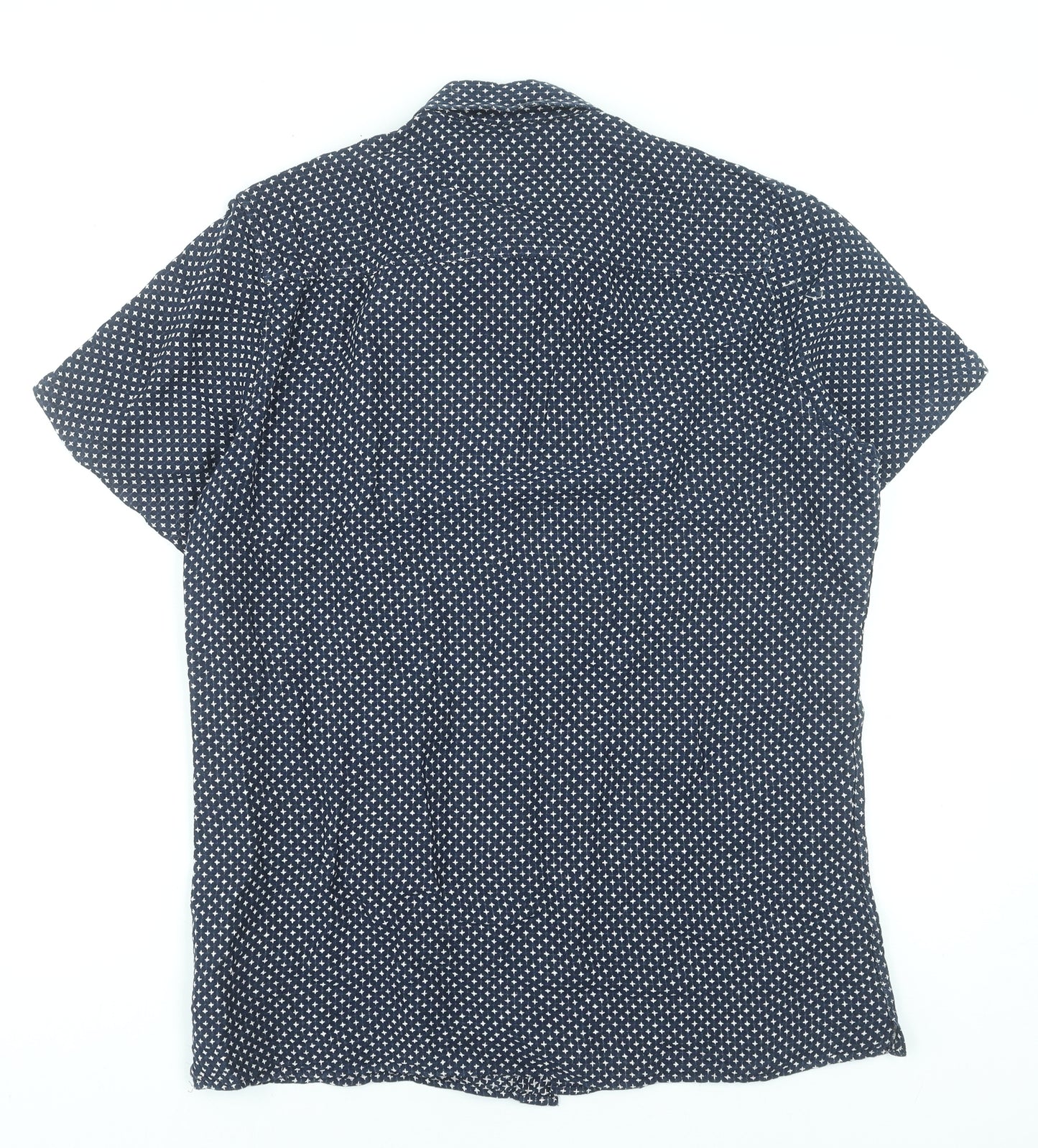 Next Men Blue Geometric Short Sleeve Button-Up Linen Cotton Shirt M