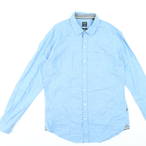 BOSS Men's Blue Sharp Fit Stretch Cotton Long Sleeve Dress Shirt L