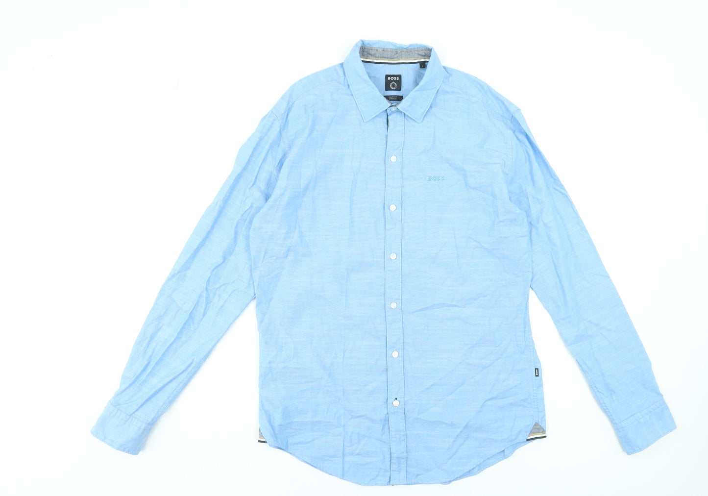 BOSS Men's Blue Sharp Fit Stretch Cotton Long Sleeve Dress Shirt L