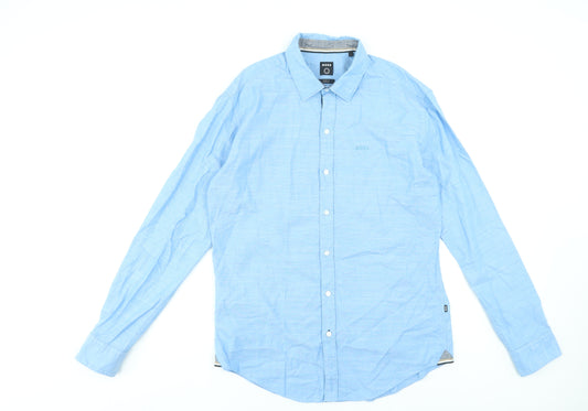 BOSS Men's Blue Sharp Fit Stretch Cotton Long Sleeve Dress Shirt L