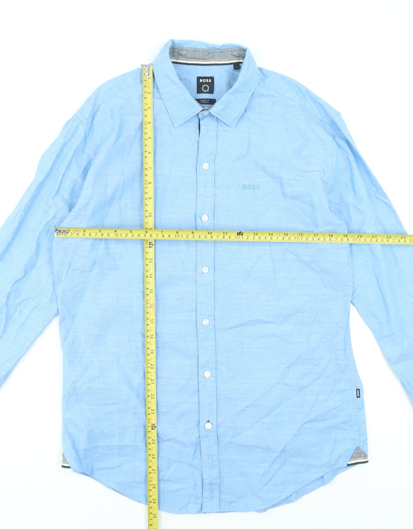 BOSS Men's Blue Sharp Fit Stretch Cotton Long Sleeve Dress Shirt L