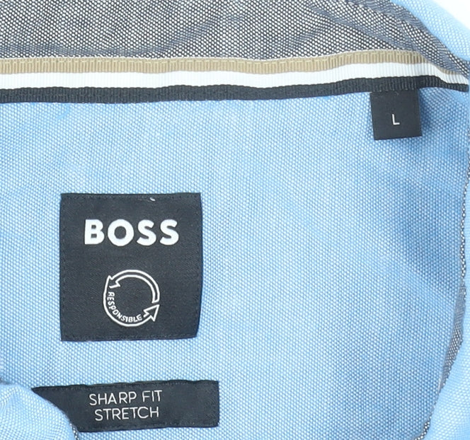 BOSS Men's Blue Sharp Fit Stretch Cotton Long Sleeve Dress Shirt L