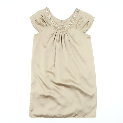 Dunnes Womens Beige Shift Dress Size 10 Beaded Scoop Neck Classic Style