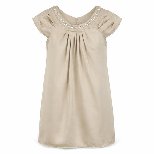 Dunnes Womens Beige Shift Dress Size 10 Beaded Scoop Neck Classic Style