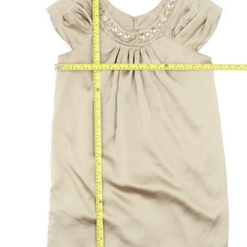 Dunnes Womens Beige Shift Dress Size 10 Beaded Scoop Neck Classic Style