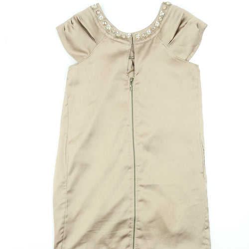 Dunnes Womens Beige Shift Dress Size 10 Beaded Scoop Neck Classic Style