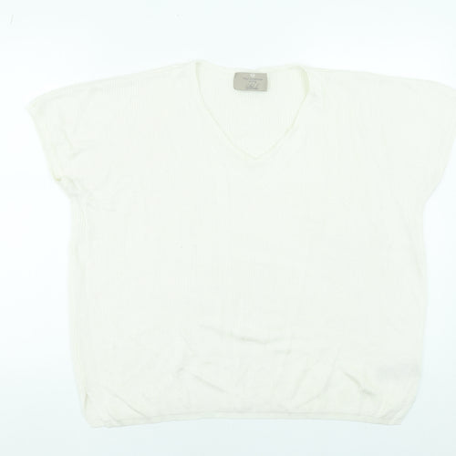 Paul Costelloe Women Cream V-Neck Short Sleeve Jumper Size L Viscose Blend