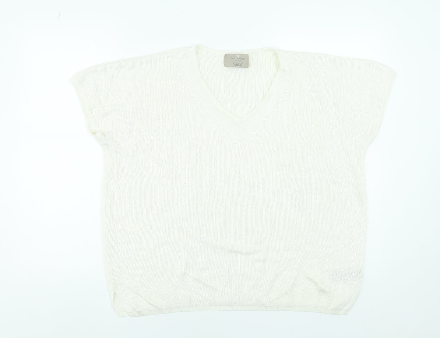 Paul Costelloe Women Cream V-Neck Short Sleeve Jumper Size L Viscose Blend