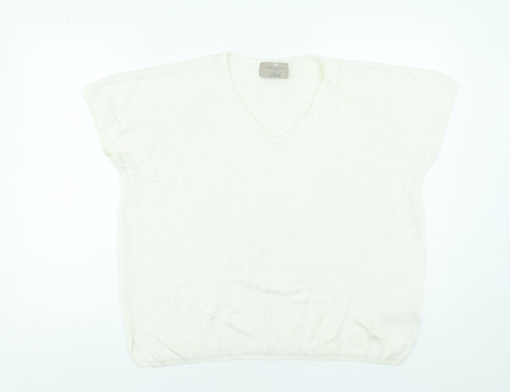 Paul Costelloe Women Cream V-Neck Short Sleeve Jumper Size L Viscose Blend
