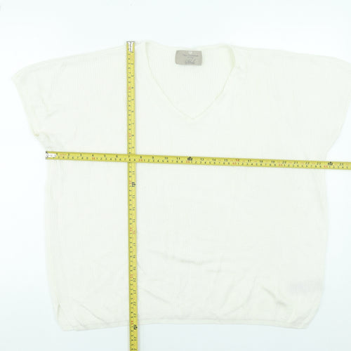 Paul Costelloe Women Cream V-Neck Short Sleeve Jumper Size L Viscose Blend