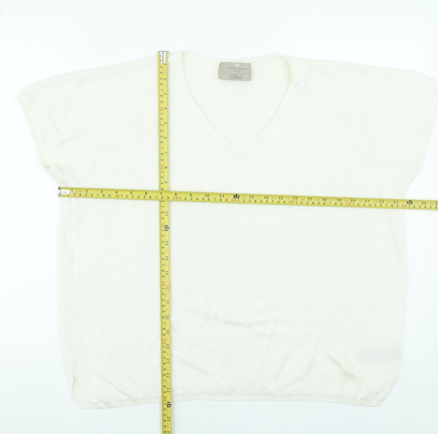 Paul Costelloe Women Cream V-Neck Short Sleeve Jumper Size L Viscose Blend
