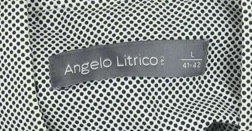 Angelo Litrico Men's Grey Polka Dot Long Sleeve Dress Shirt L 41-42
