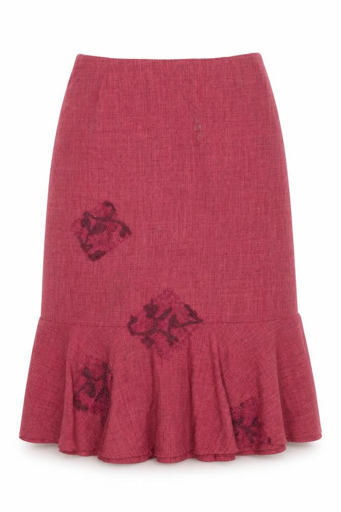 Front view of Ayalon Collection Women's Red Embroidered Midi Flared Skirt, size 18