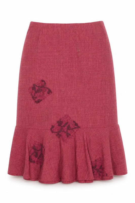 Front view of Ayalon Collection Women's Red Embroidered Midi Flared Skirt, size 18
