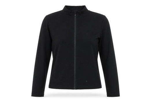 Front view of PRETTYLITTLETHING women’s black mock neck zip front long sleeve top, size UK 12