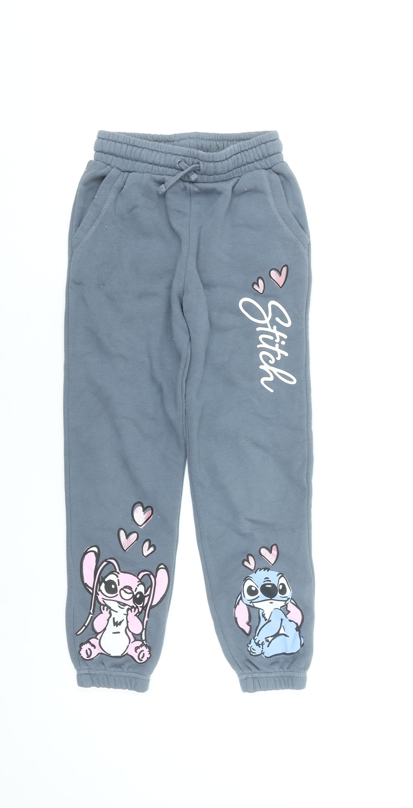 Disney Stitch Girls Grey Jogger Sweatpants 7-8 Years Cotton Blend Casual