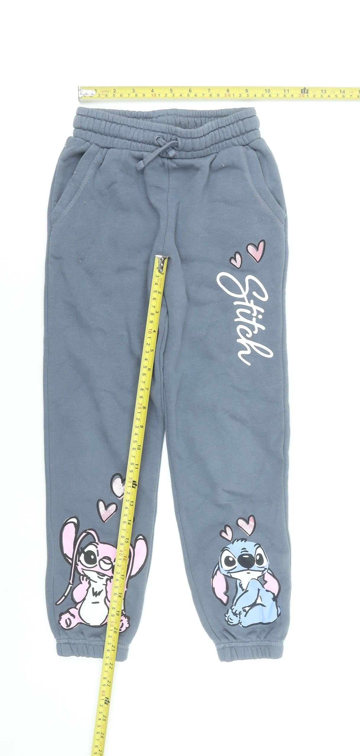 Disney Stitch Girls Grey Jogger Sweatpants 7-8 Years Cotton Blend Casual