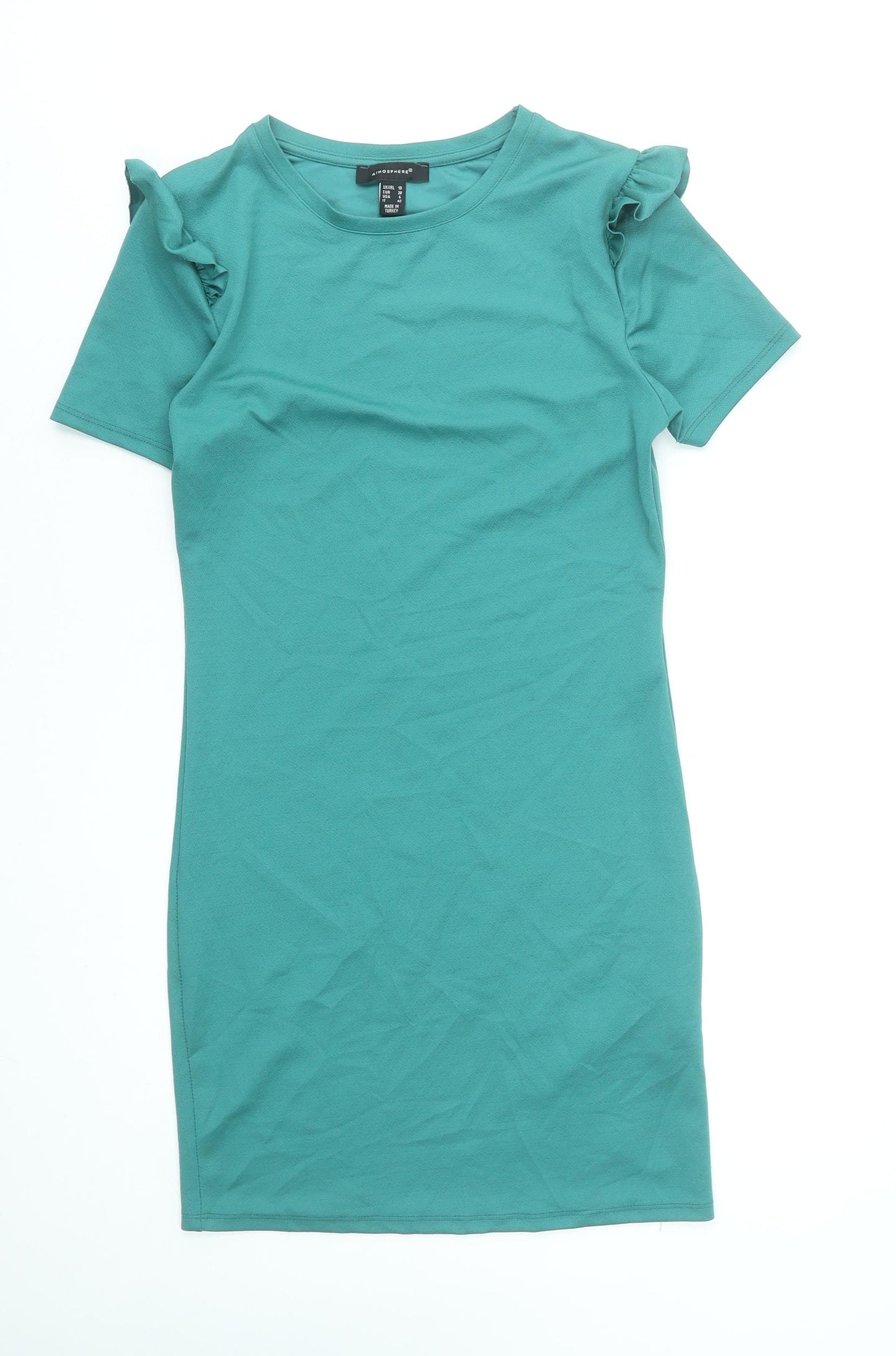 Atmosphere Women’s Green Bodycon Dress Size 10 Short Sleeve Ruffle Detail