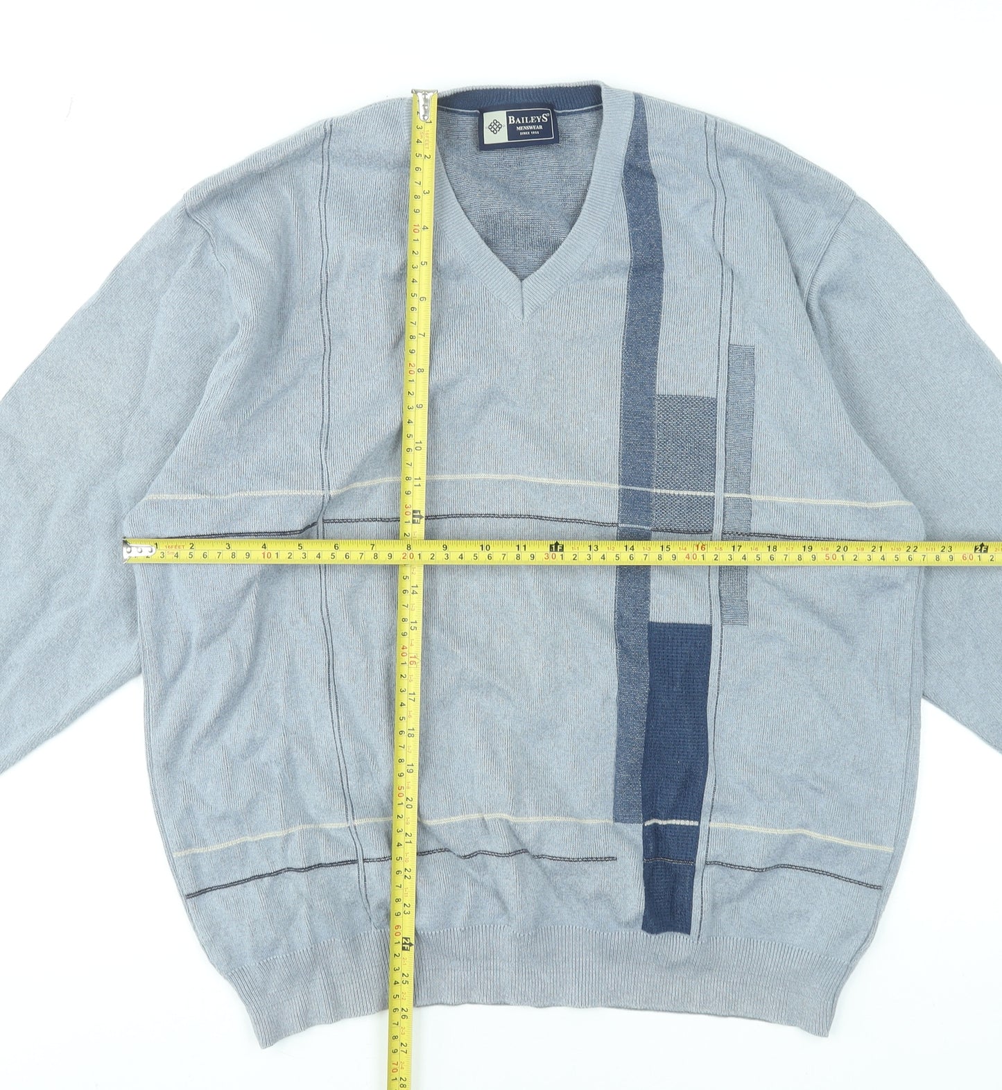 Baileys Mens Grey V-Neck Geometric Cotton Acrylic Jumper L