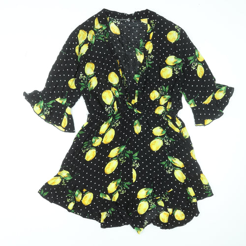 Boohoo Tall Lemon Print Polka Dot Playsuit UK 14 Black Viscose