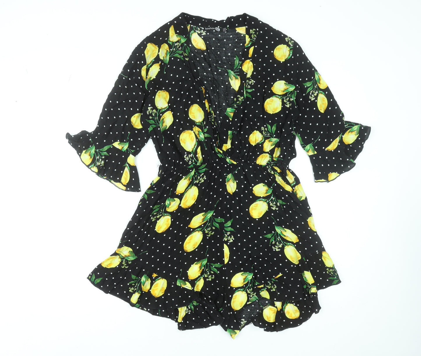 Boohoo Tall Lemon Print Polka Dot Playsuit UK 14 Black Viscose