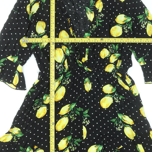 Boohoo Tall Lemon Print Polka Dot Playsuit UK 14 Black Viscose