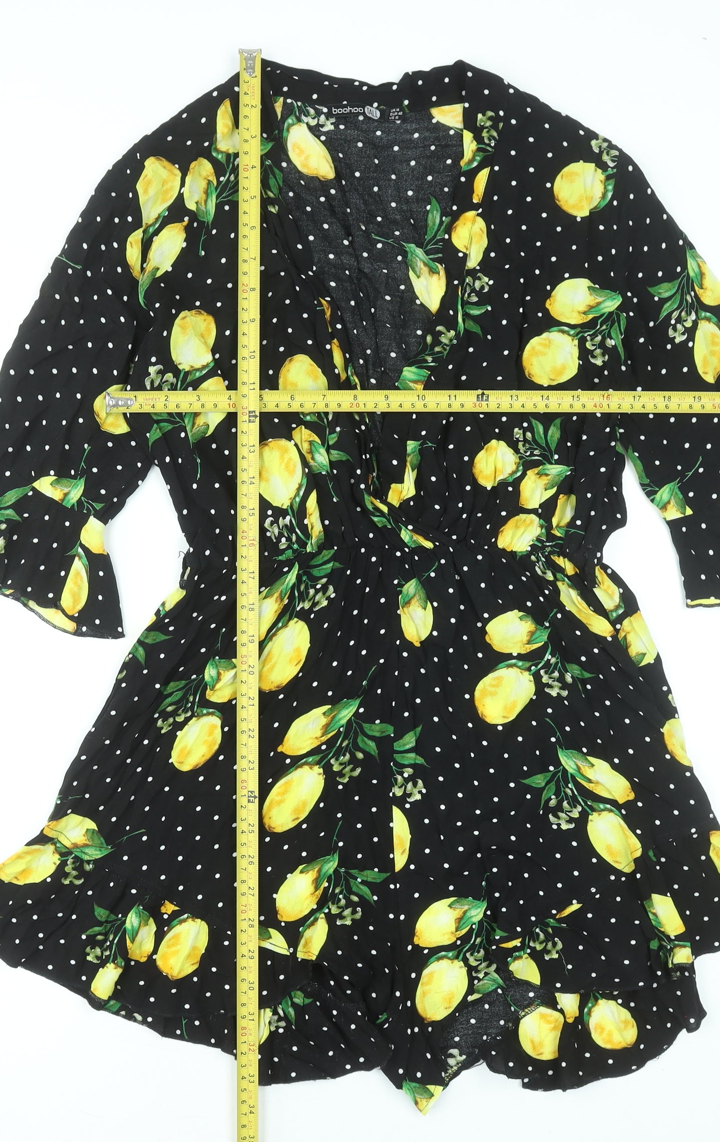 Boohoo Tall Lemon Print Polka Dot Playsuit UK 14 Black Viscose