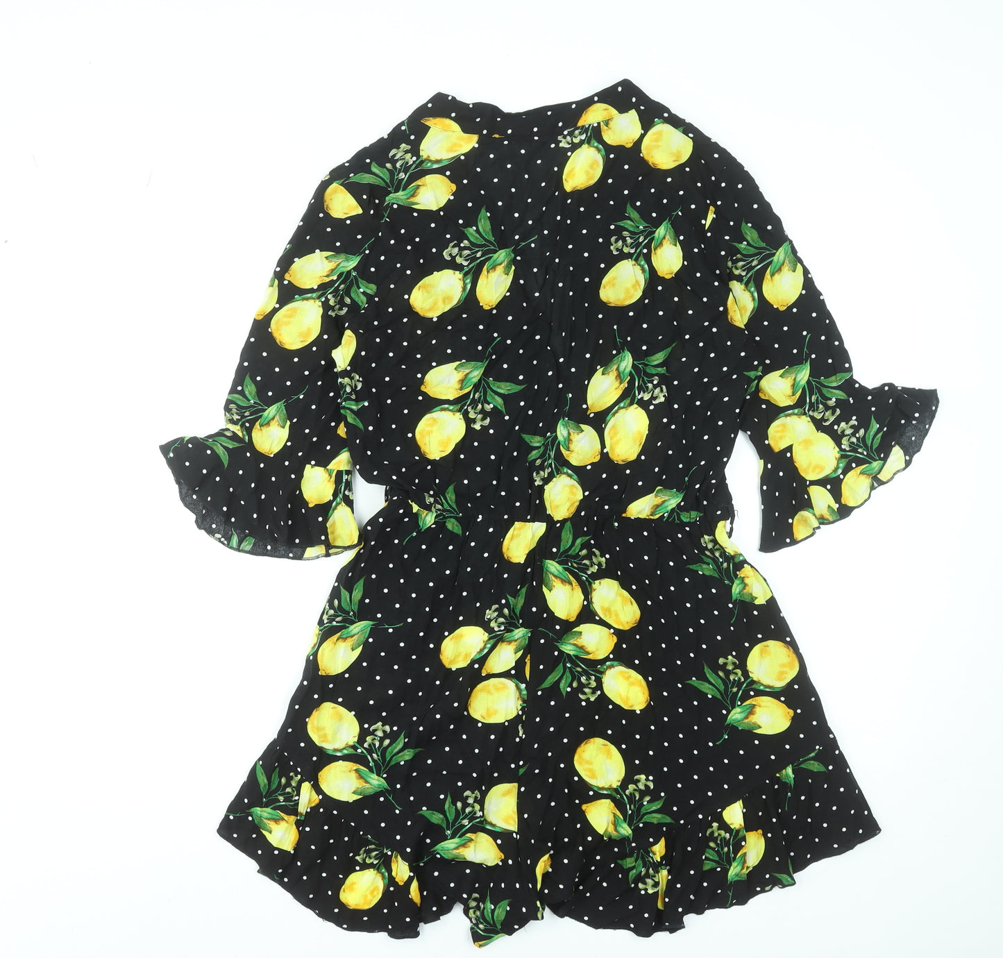 Boohoo Tall Lemon Print Polka Dot Playsuit UK 14 Black Viscose