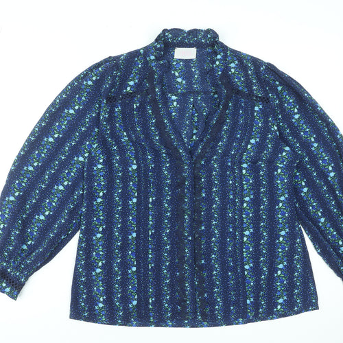 Savida Women Blue Floral Long Sleeve Polyester Tunic Blouse Size 14