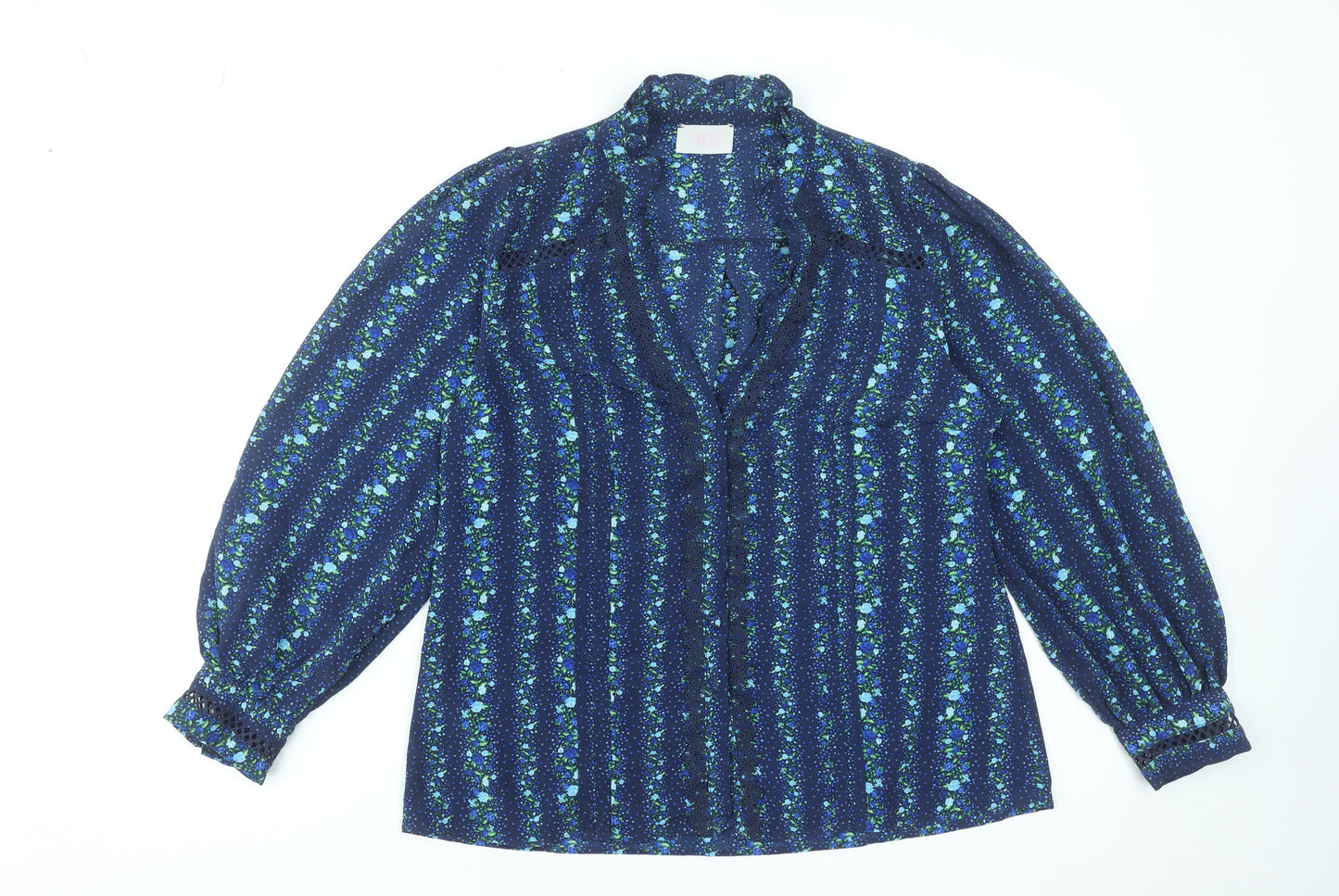 Savida Women Blue Floral Long Sleeve Polyester Tunic Blouse Size 14