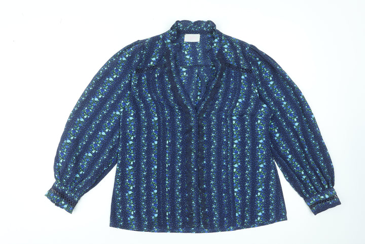 Savida Women Blue Floral Long Sleeve Polyester Tunic Blouse Size 14