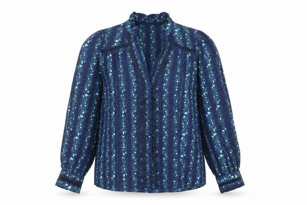 Front view of Savida Women Blue Floral Long Sleeve Polyester Tunic Blouse, size 14