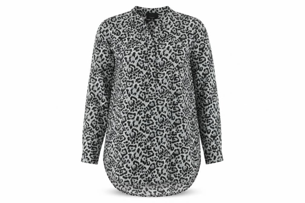 Front view of Lumière Women's Grey Leopard Print Tunic Blouse, size M