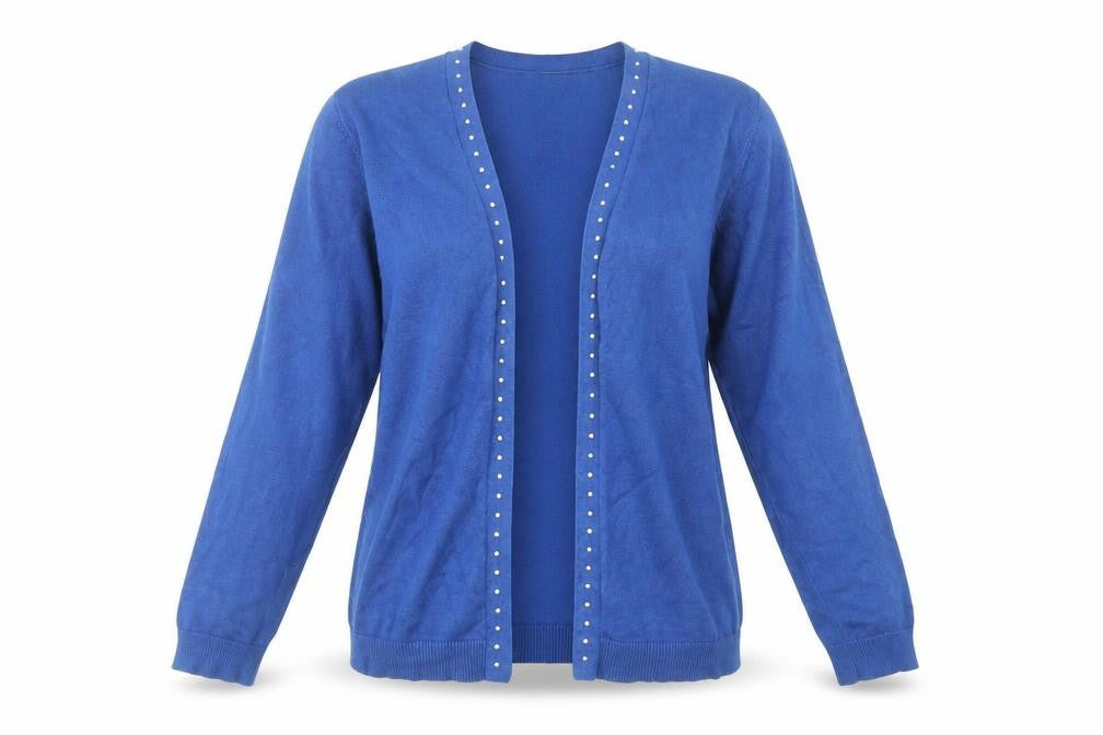 Front view of 89th + Madison Women's Blue Studded Open Front Cardigan, size M