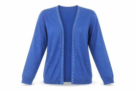 Front view of 89th + Madison Women's Blue Studded Open Front Cardigan, size M