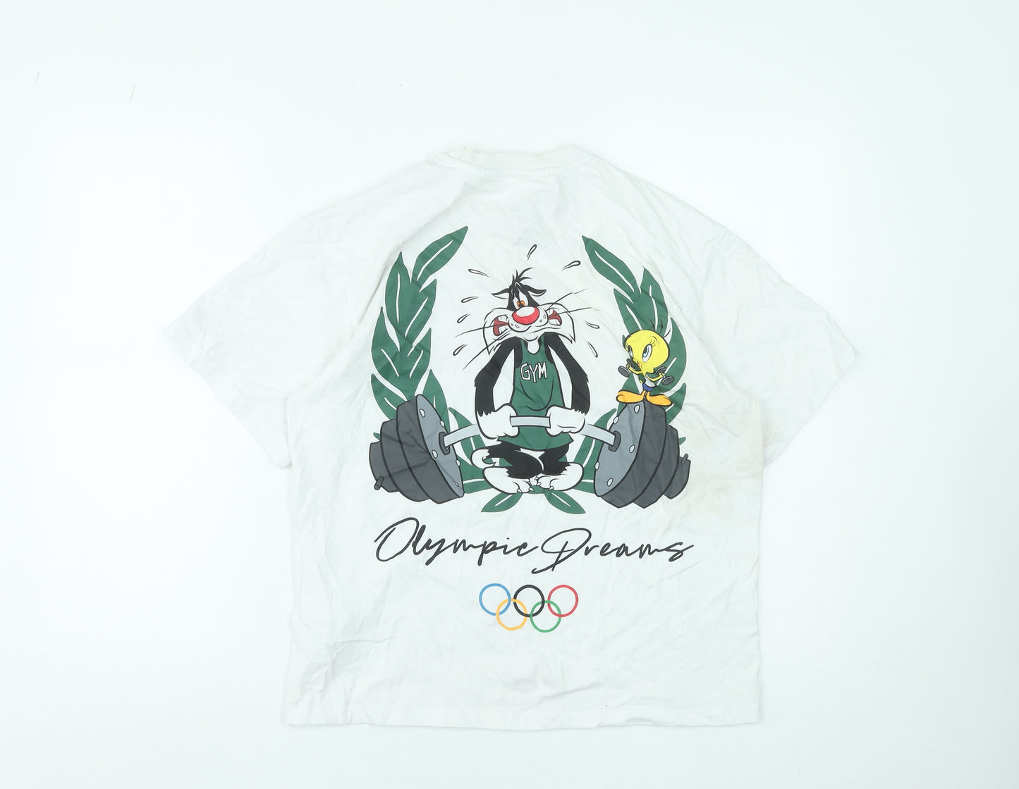 Pull & Bear Looney Tunes Olympic Dreams White Cotton T-Shirt XS Women's