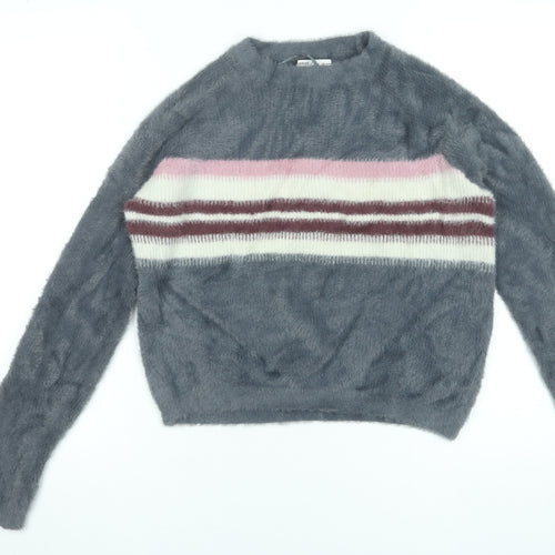 Pull&Bear Women’s Grey Striped Fluffy Knit Pullover Jumper XS