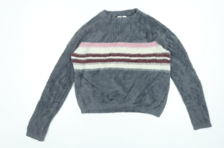 Pull&Bear Women’s Grey Striped Fluffy Knit Pullover Jumper XS