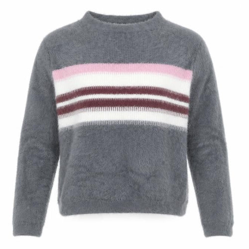 Pull&Bear Women’s Grey Striped Fluffy Knit Pullover Jumper XS