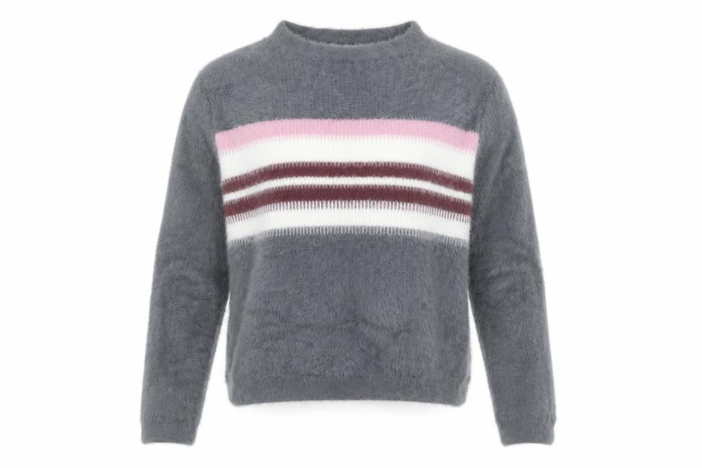 Pull&Bear Women’s Grey Striped Fluffy Knit Pullover Jumper XS