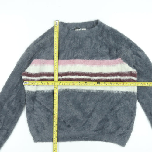 Pull&Bear Women’s Grey Striped Fluffy Knit Pullover Jumper XS