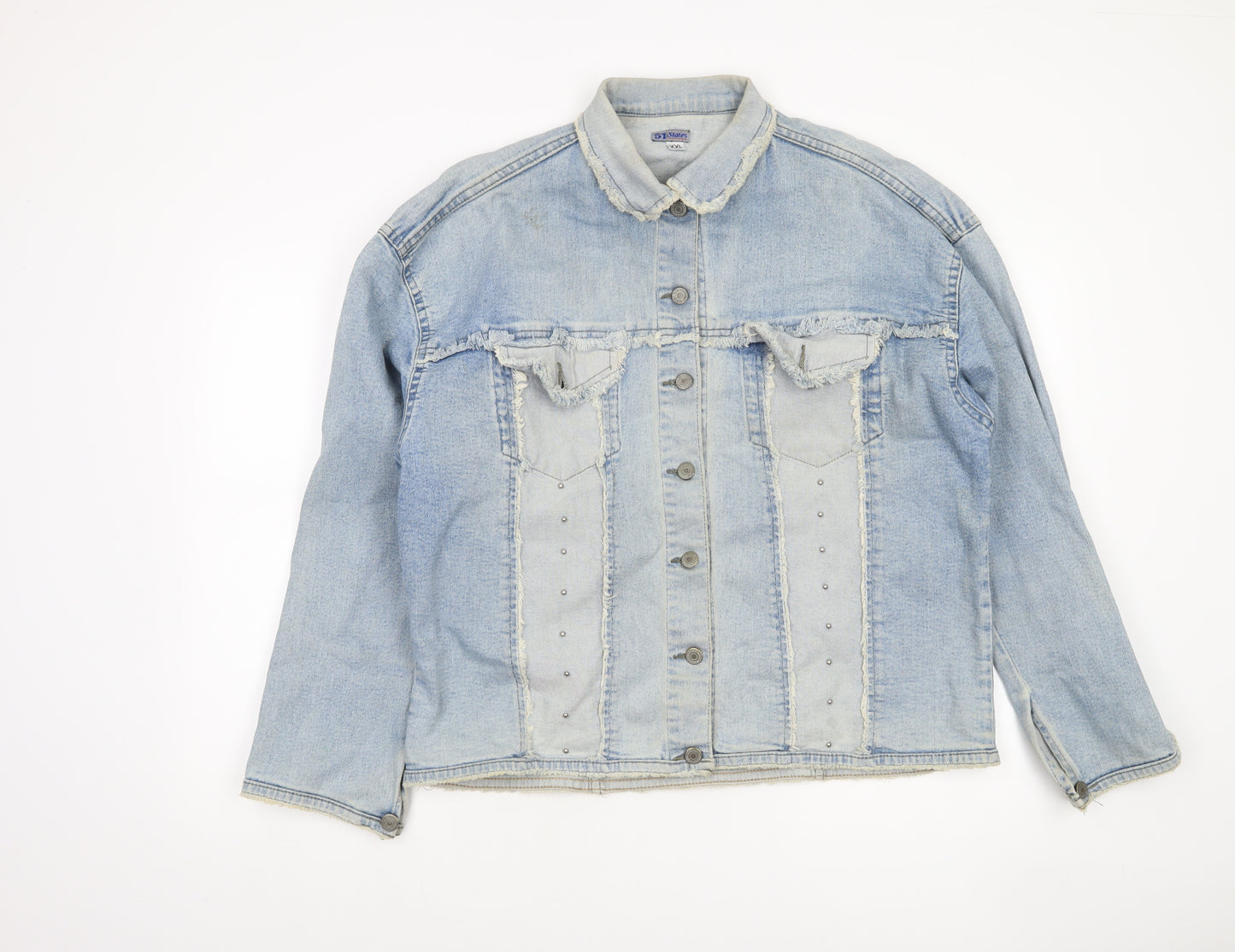 51 States Womens Blue Denim Jacket Size 2XL Frayed Button Casual