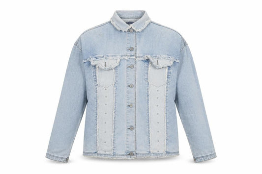 Front view of 51 States women’s blue denim jacket, size 2XL, frayed button casual