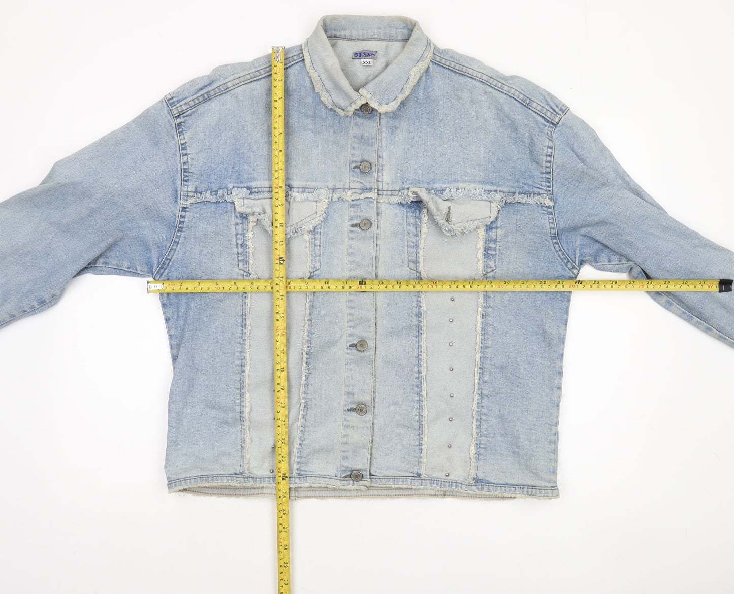 51 States Womens Blue Denim Jacket Size 2XL Frayed Button Casual