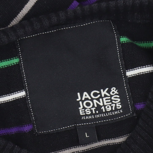 Jack & Jones Men's Black Striped Crew Neck Cotton Jumper L