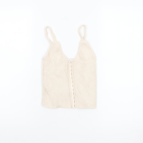 Zara Women Beige Ribbed Knit Button Camisole Tank Top Size S