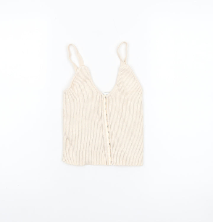 Zara Women Beige Ribbed Knit Button Camisole Tank Top Size S